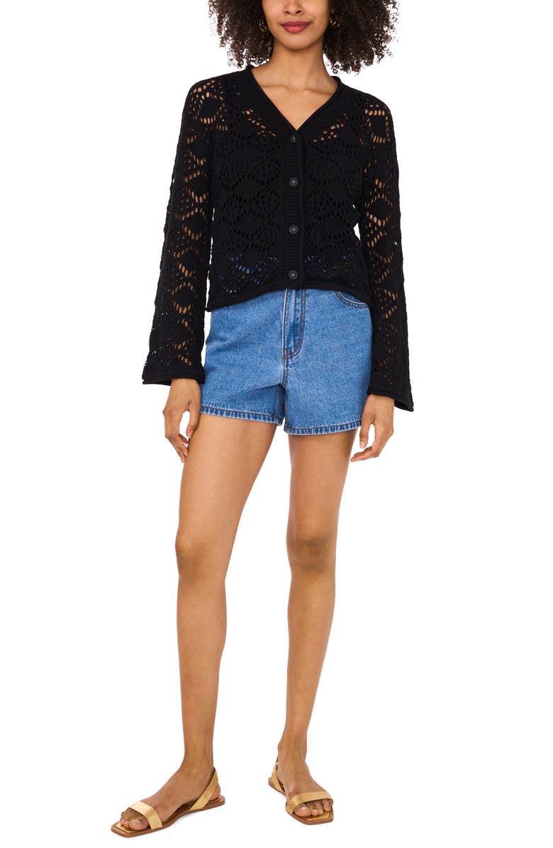 Vince Camuto Open Stitch Cotton Cardigan, Alternate, color, Rich Black