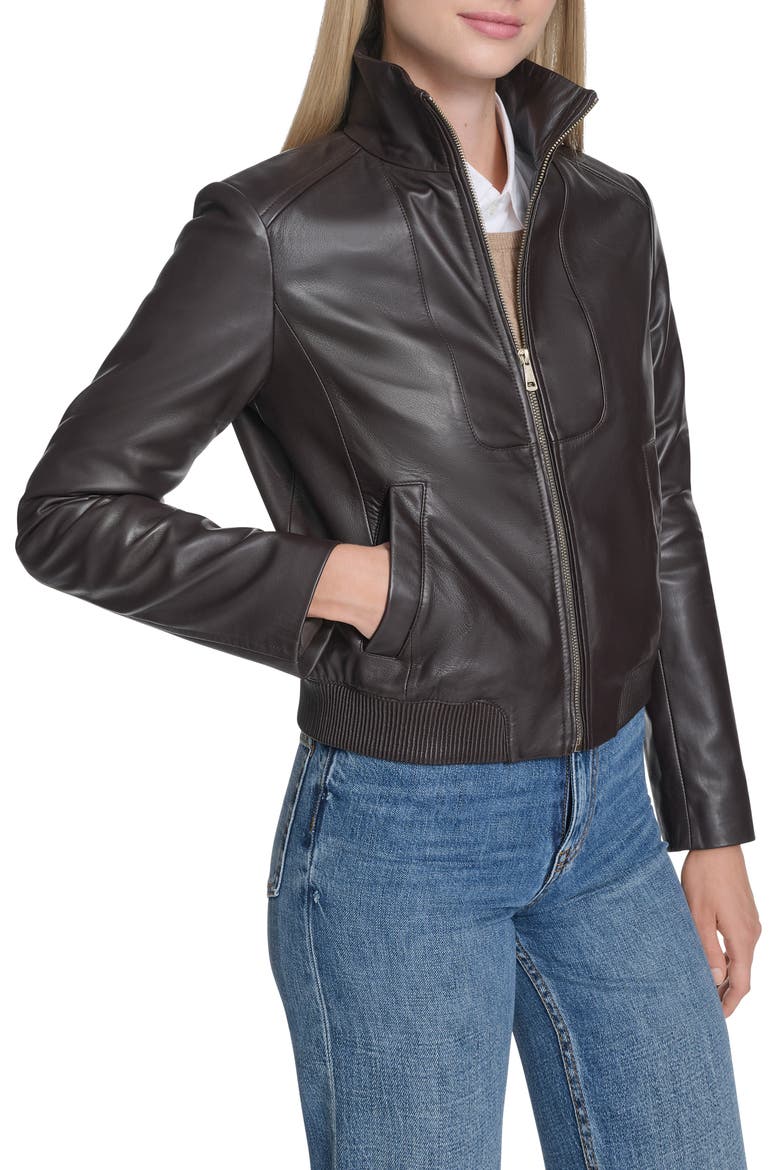 Stand Collar Leather Bomber Jacket, Alternate, color, DEEP ESPRESSO