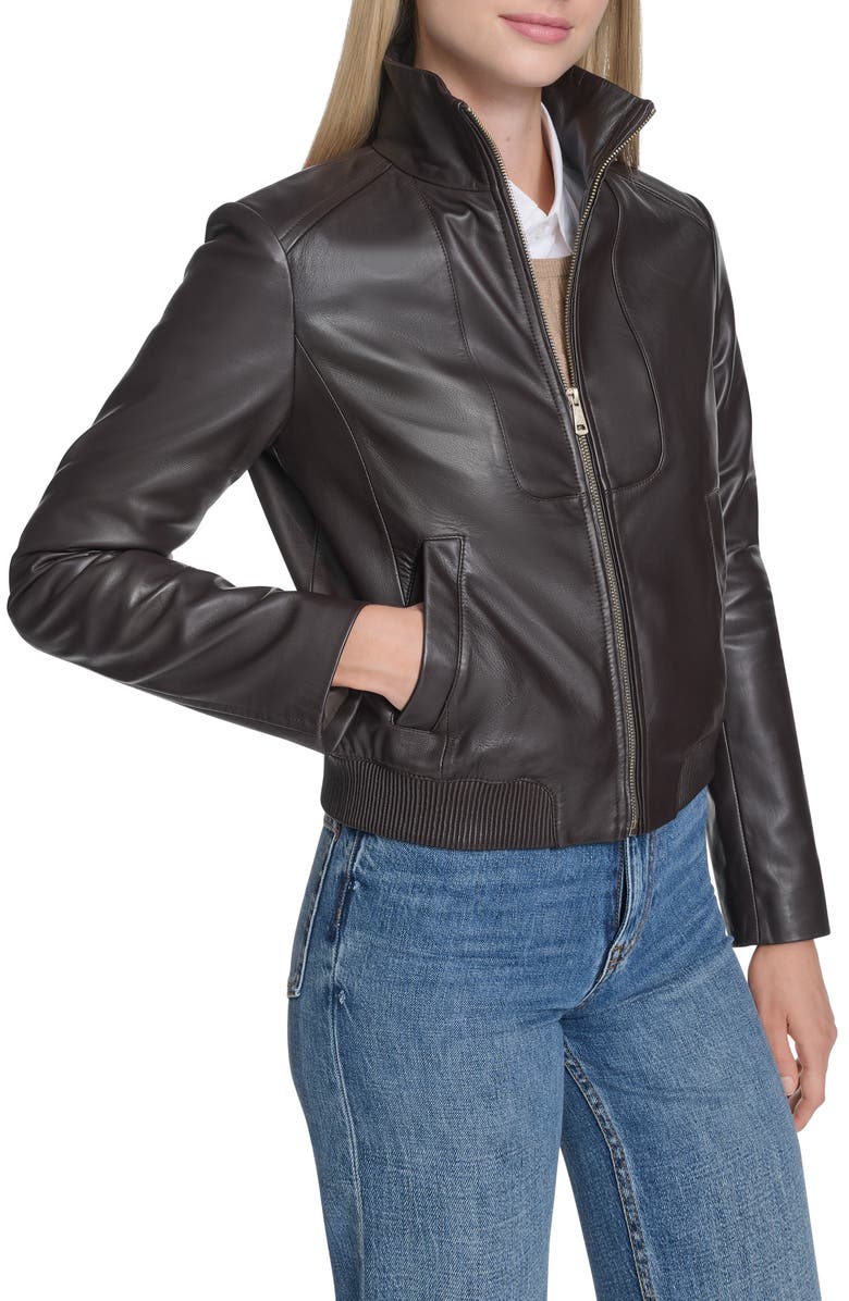 Cole Haan Stand Collar Leather Bomber Jacket, Alternate, color, Deep Espresso
