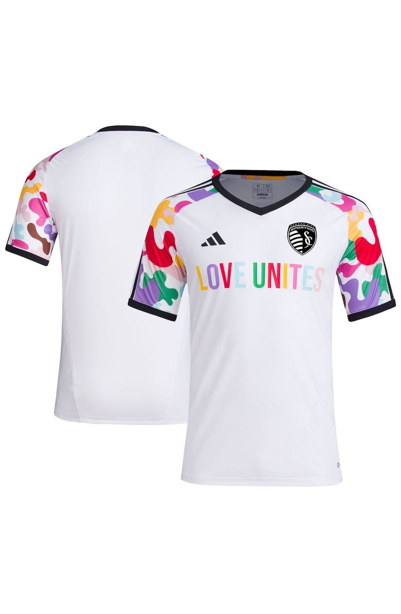 adidas Men's adidas White Sporting Kansas City 2023 Pride Pre-Match Top, Main, color, 