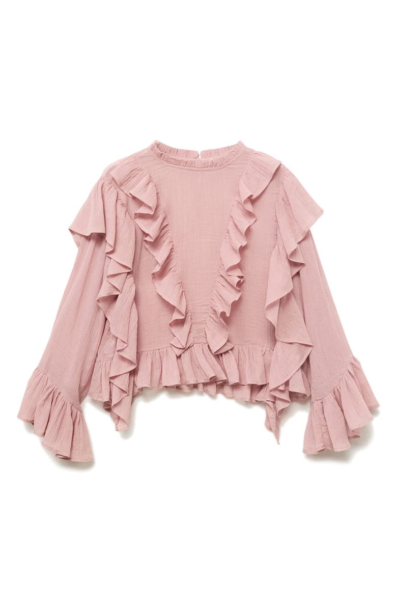 MANGO TEEN Ruffle Long Sleeve Cotton Crop Top, Alternate, color, Pink