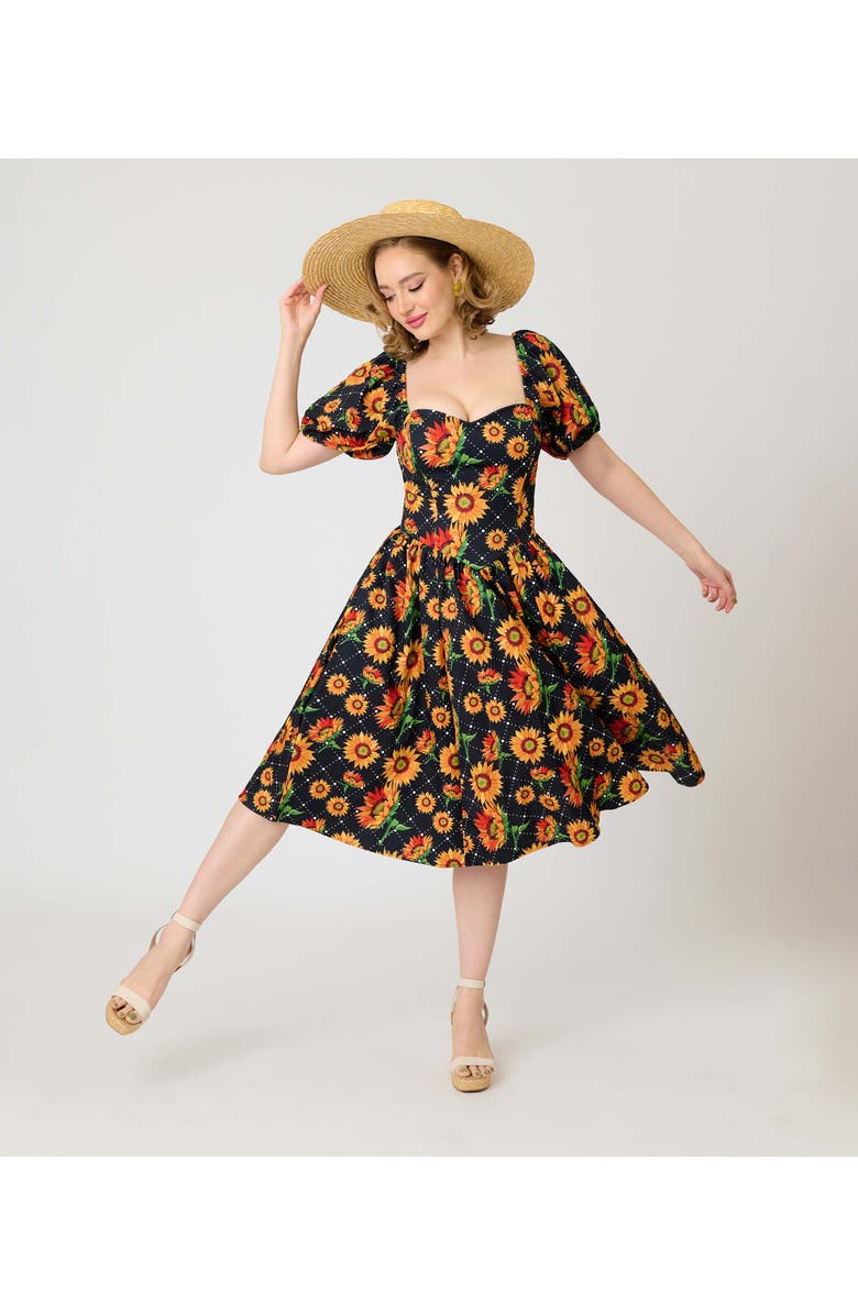 Smak Parlour Puff Sleeve Swing Dress, Alternate, color, Black Sunflower Print