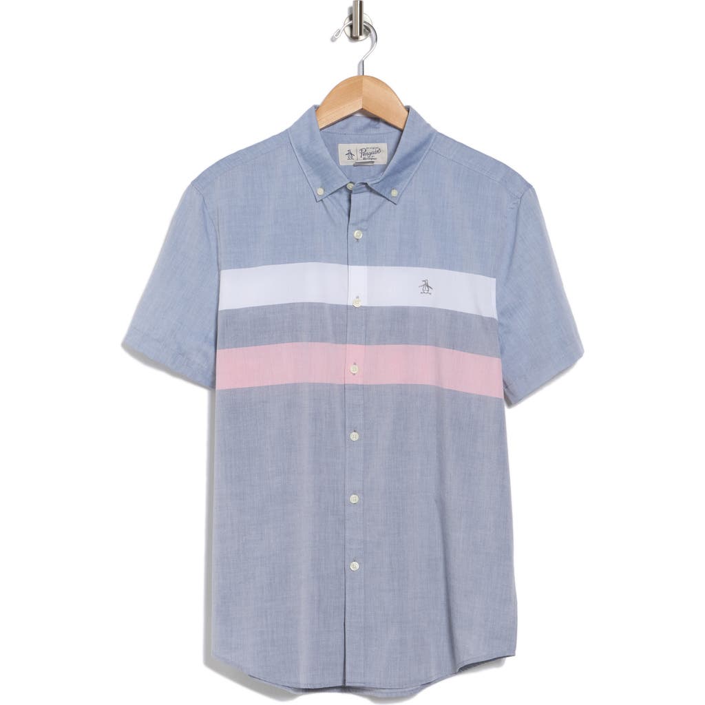 Original Penguin Short Sleeve Cotton Blend Poplin Button-up Shirt In Dark Sapphire