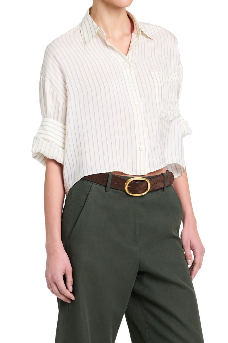 Stripe Elbow-Sleeve Button-Up Shirt, Alternate, color, IVORY / BLUE