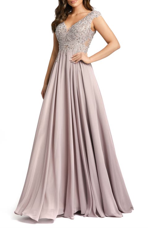 Appliqued Cap Sleeve Bodice Flowy Gown