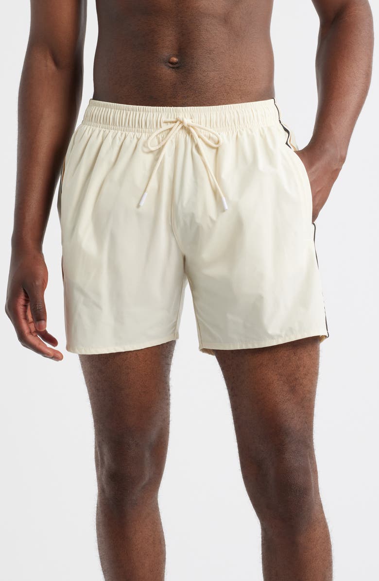 BOSS Side Stripe Stretch Swim Trunks, Main, color, Open White