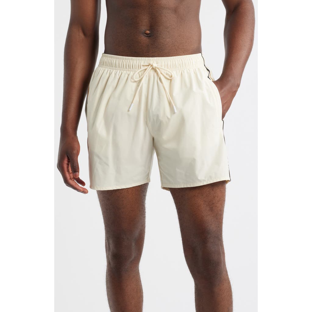 Hugo Boss Boss Side Stripe Stretch Swim Trunks In Neutral