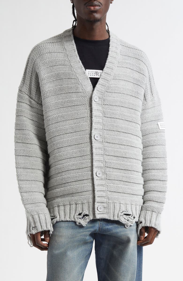 MM6 Maison Margiela Distressed Virgin Wool Blend V-Neck Cardigan, Main, color, Light Grey Melange