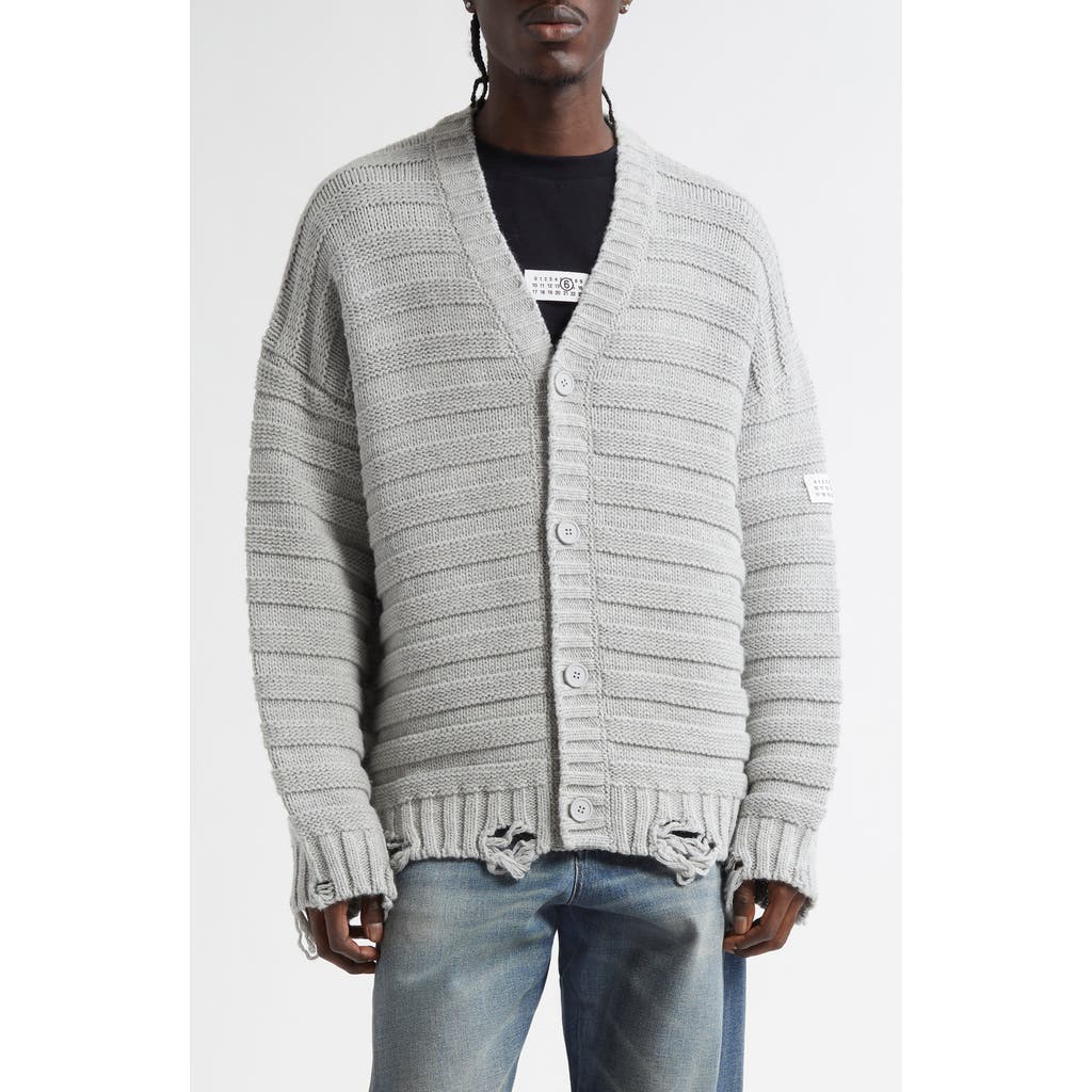 MM6 Maison Margiela Distressed Virgin Wool Blend V-Neck Cardigan in Light Grey Melange  product