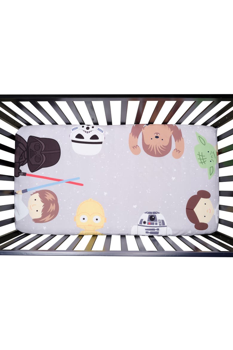 Star Wars Galaxy Cotton Fitted Crib Sheet - Yoda/Darth Vader/R2D2, Main, color, Gray