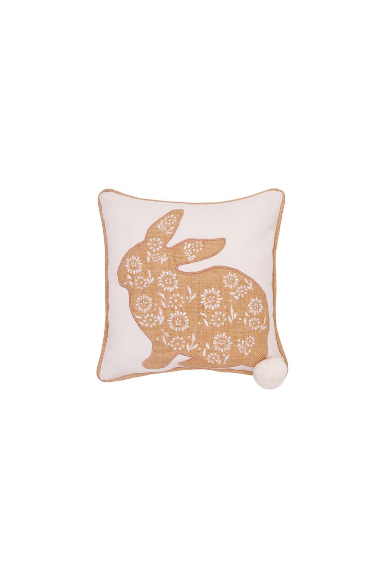 Floral Easter Bunny Burlap with Pom Embroidered Throw Pillow, 12" x 12", Main, color, White