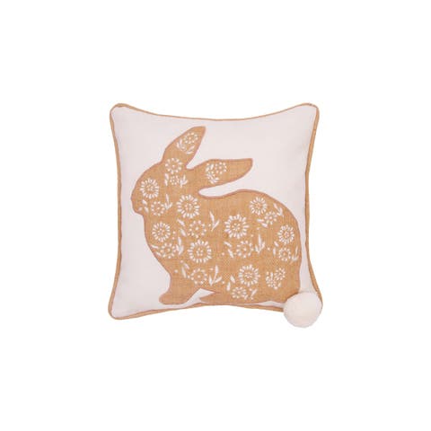 Floral Easter Bunny Burlap with Pom Embroidered Throw Pillow, 12" x 12"