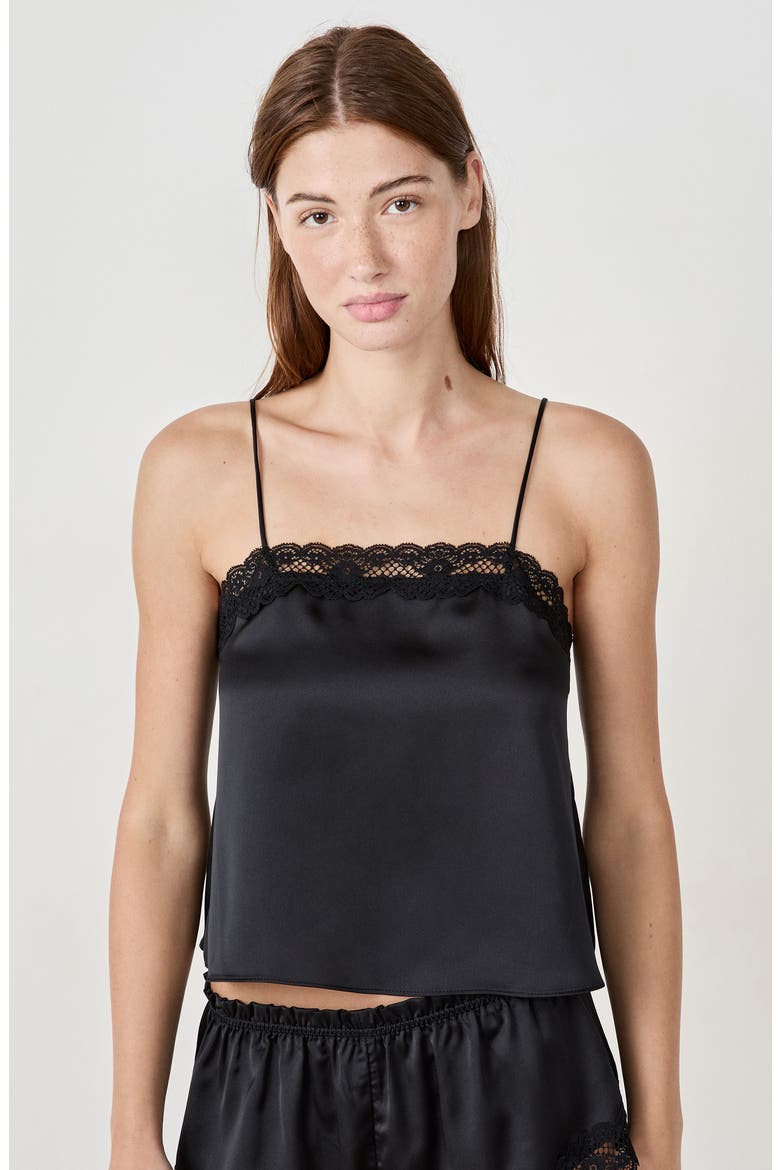 Attitude Lace Trim Satin Camisole, Alternate, color, BLACK