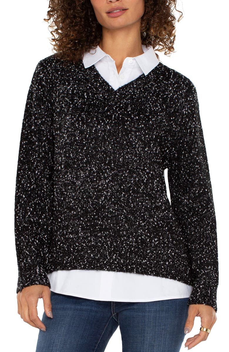 Liverpool Layered Look Mélange Sweater, Main, color, Blk W/ Wht Flks