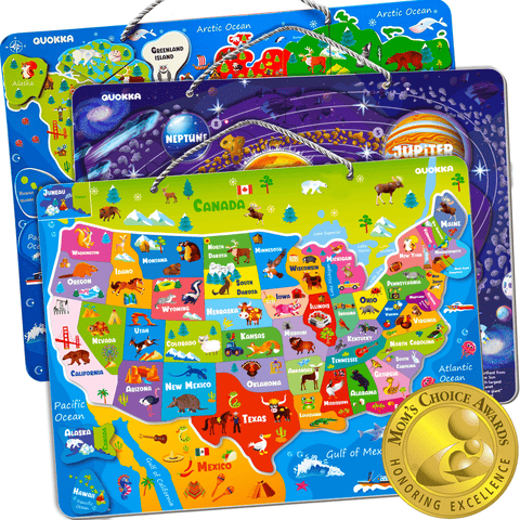 Kids Educational Map Puzzle Set - USA, World Map & Solar System Themes