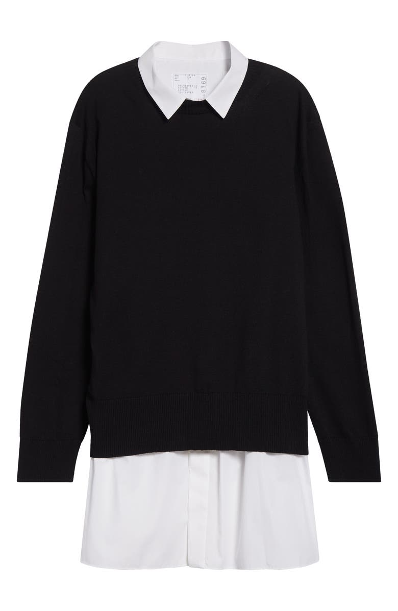 Sacai Mixed Media Layered Long Sleeve Knit & Poplin Dress, Alternate, color, Black/ Off White
