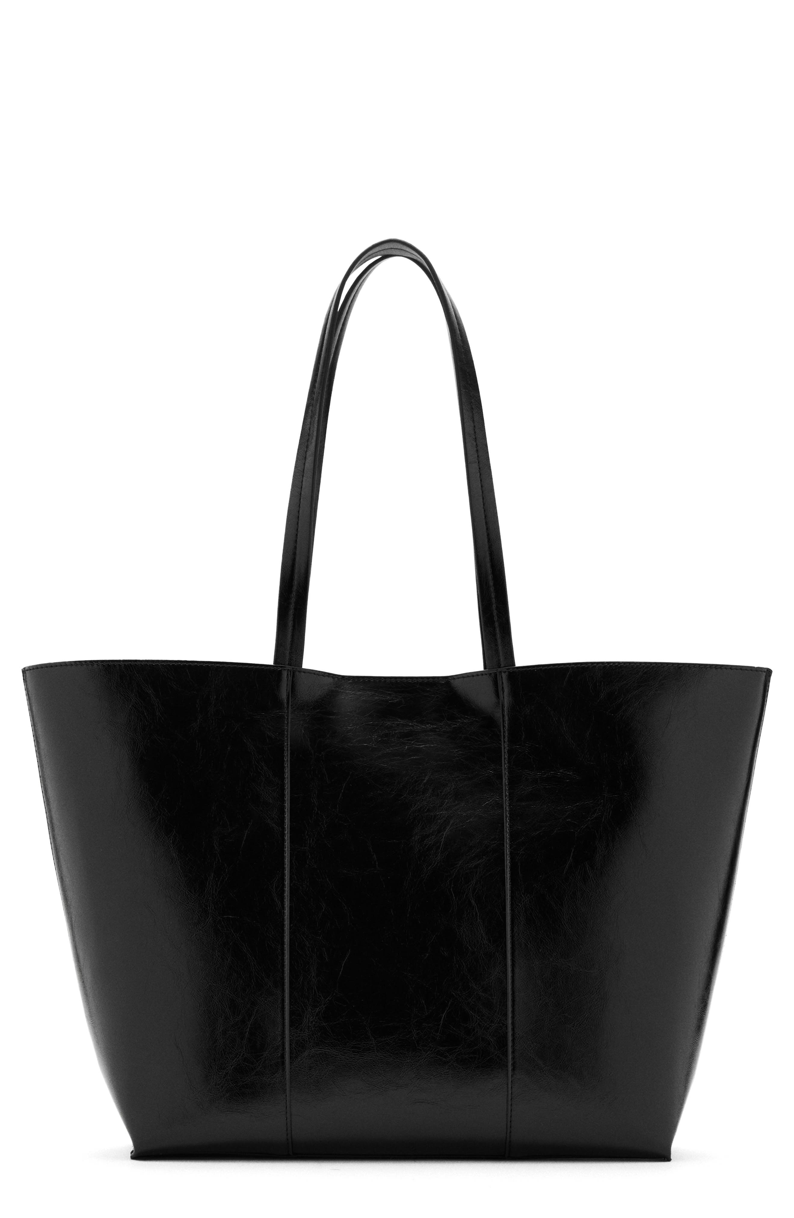 MANGO Large Leather Shopper Bag, Main, color, Black