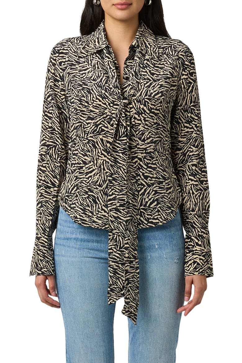 Graysen Print Tie Neck Silk Button-Up Shirt, Main, color, TRUE BLACK AND CREME BRULEE