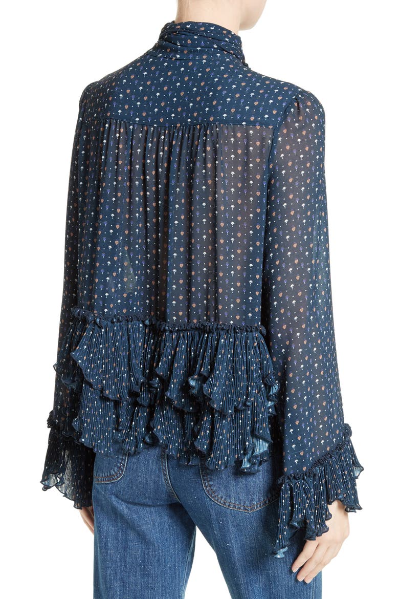 Tie Neck Ruffle Hem Blouse, Alternate, color, DARK NAVY