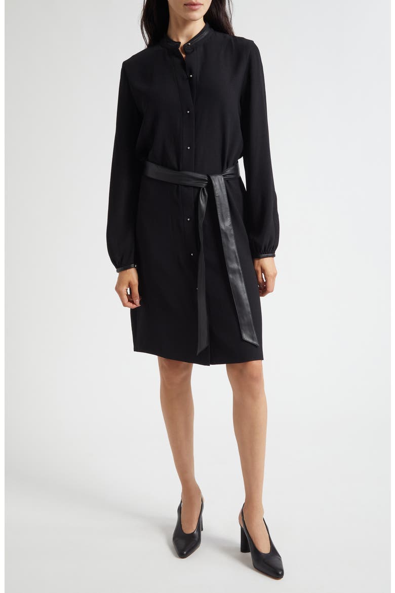 Faux Leather Trim Long Sleeve Shirtdress, Main, color, BLACK