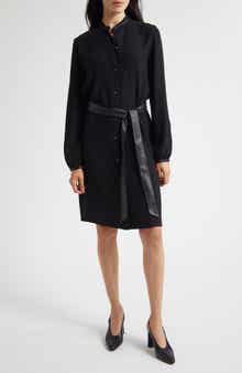 Vince Faux Leather Trim Long Sleeve Shirtdress