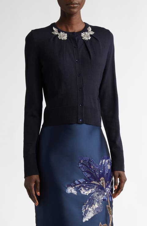 Drape Detail Embellished Wool Cardigan