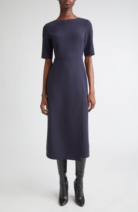 Faux Wrap Stretch Wool Midi Dress