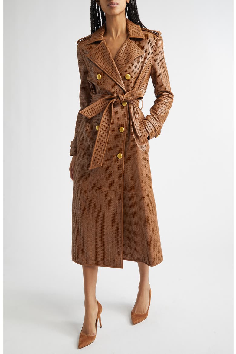 Baylee Perforated Leather Trench Coat, Main, color, SOFT COGNAC