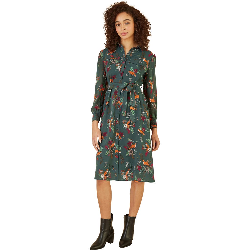 Yumi Fox Print Shirt Midi Dress In Green
