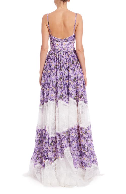 Badgley Mischka Tiered Lace-inset Maxi Dress In Lilac Multi