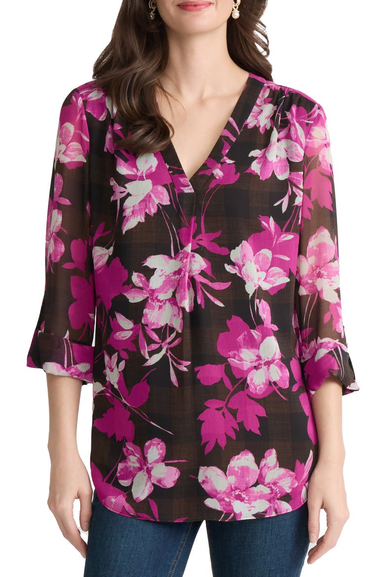 Floral Print V-Neck Tunic, Main, color, FUDGE MULTI