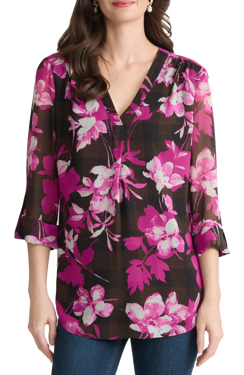 Jones New York Floral Print V-Neck Tunic, Main, color, Fudge Multi