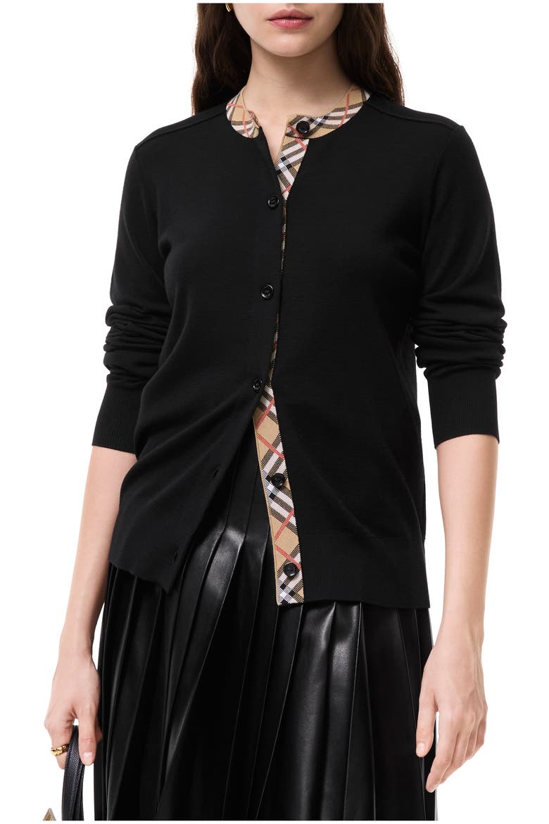 Check Trim Wool Cardigan, Main, color, Black