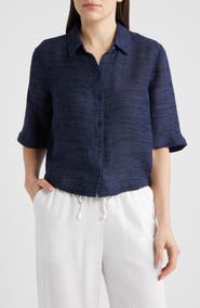 Eileen Fisher Short Sleeve Organic Linen Blend Button-Up Shirt