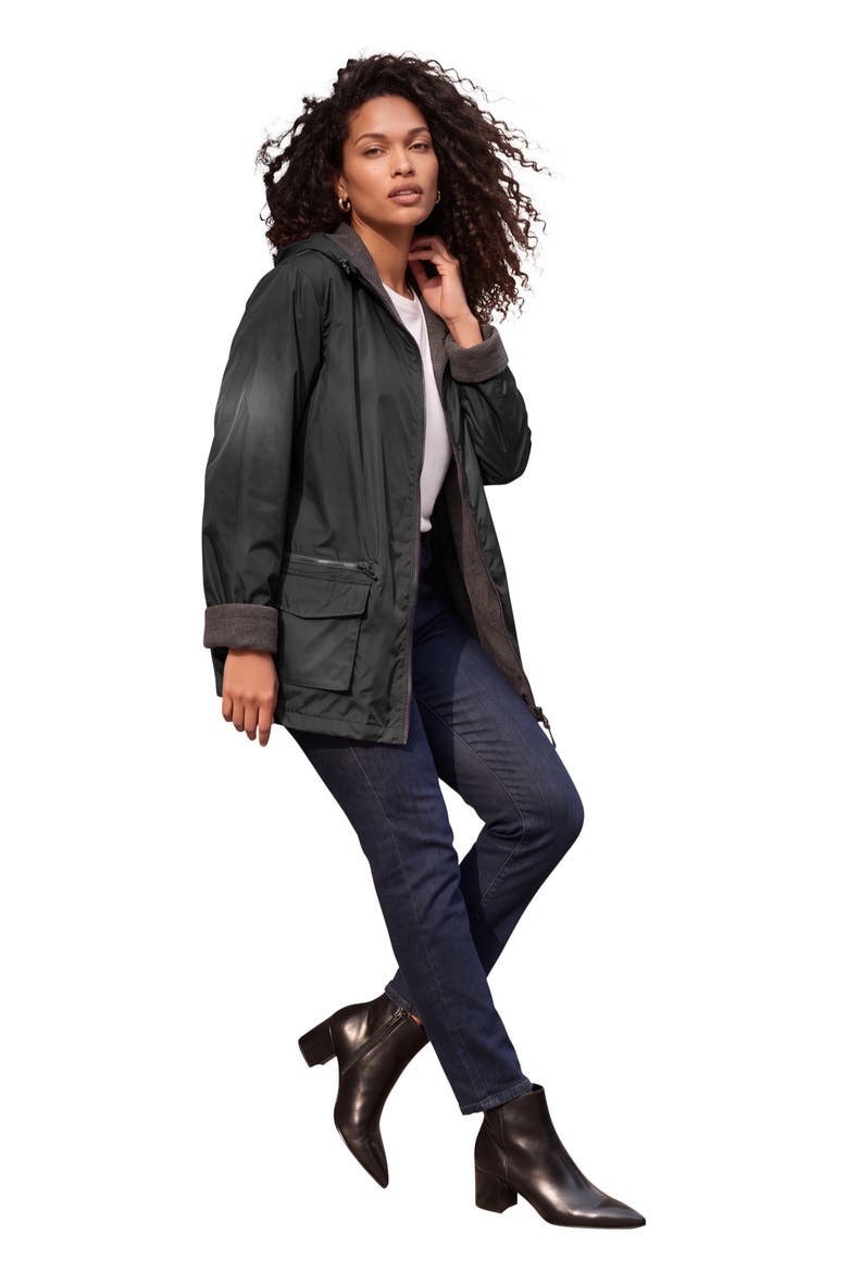 Plus Size Knee Length Hooded Nylon Jacket, Main, color, BLACK