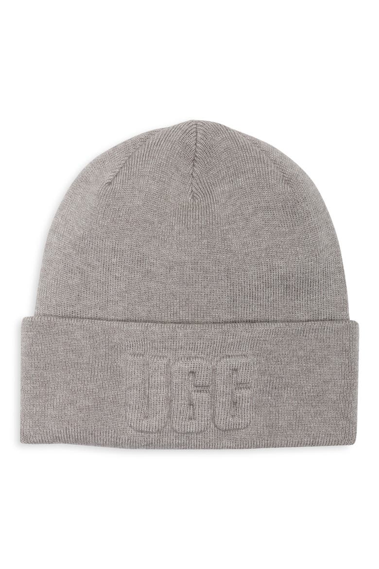Raised Logo Cuff Knit Beanie, Main, color, LIGHT GREY