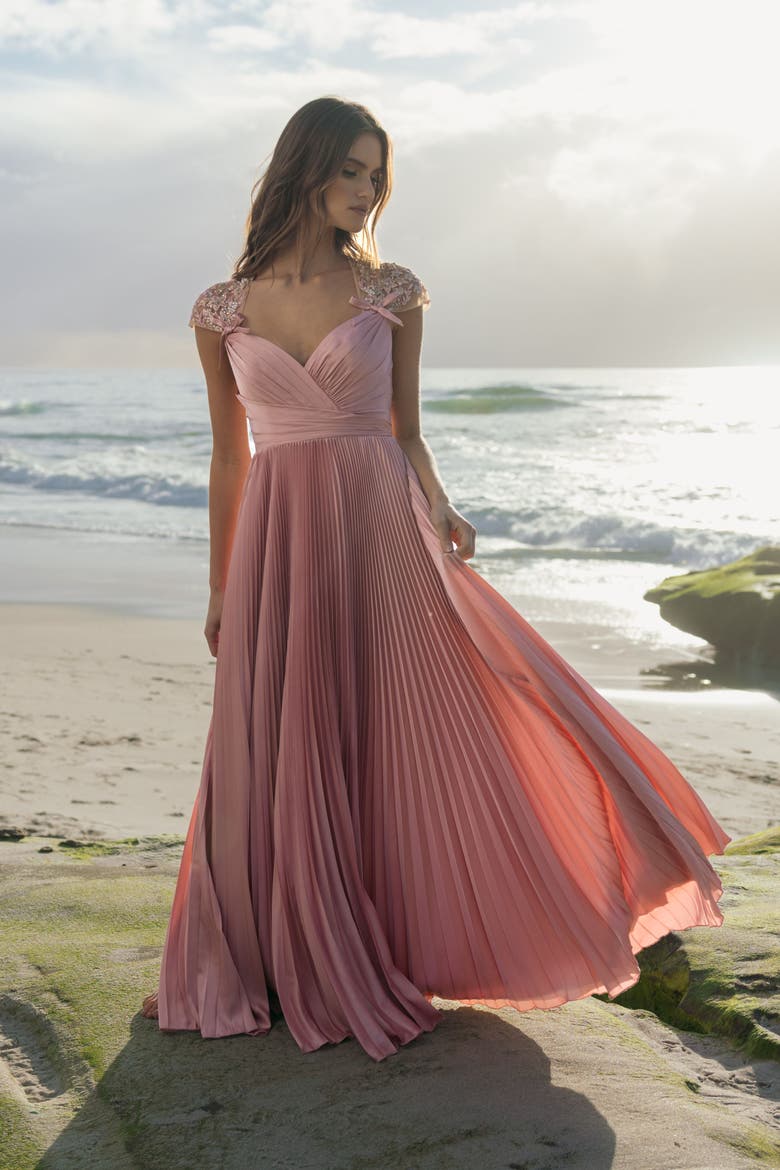 Pleated Charmeuse Embellished Cap Sleeve Gown, Alternate, color, Rose