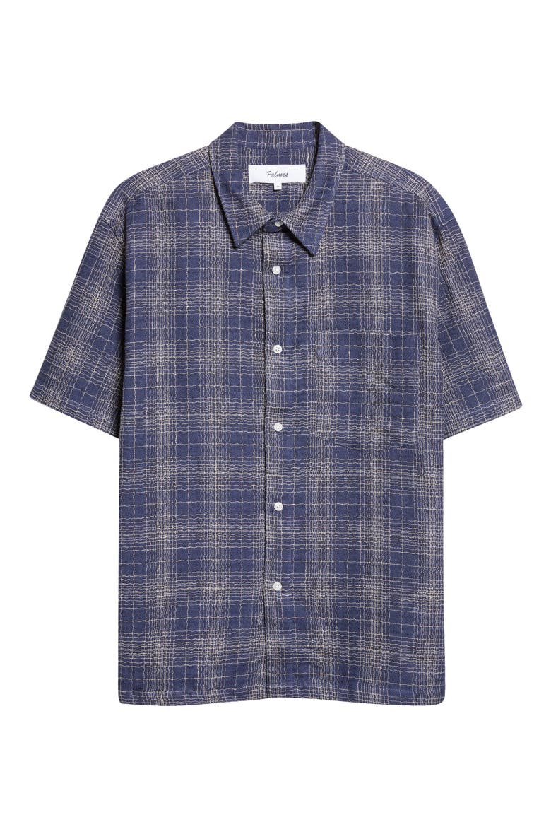 Check Cotton & Linen Short Sleeve Button-Up Shirt, Alternate, color, BLUE