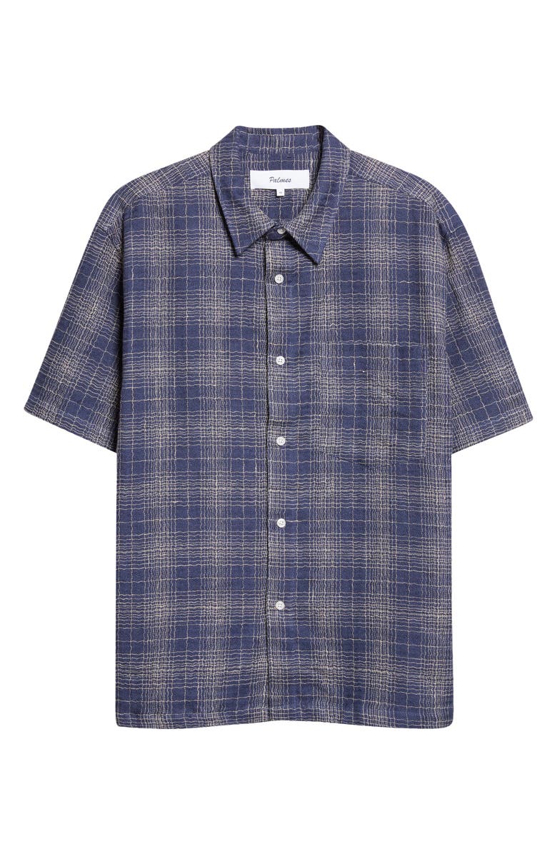 PALMES Check Cotton & Linen Short Sleeve Button-Up Shirt, Main, color, Blue