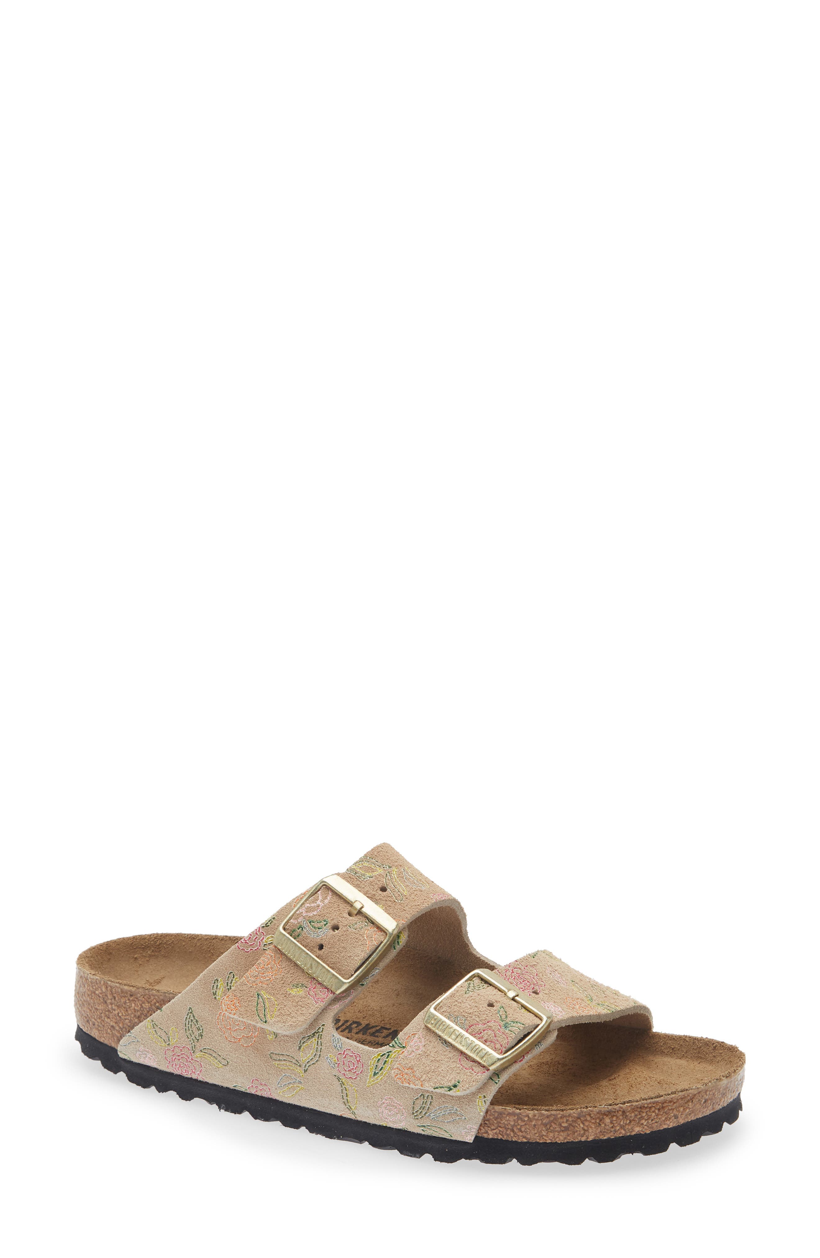Birkenstock Arizona Flower Print Slide Sandal, Main, color, Sandcastle Suede