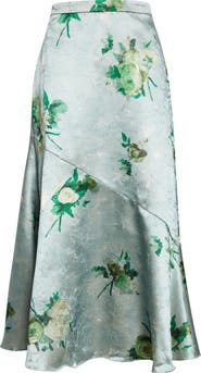 Erdem Abstract Rose Print Crushed Satin A-Line Midi Skirt