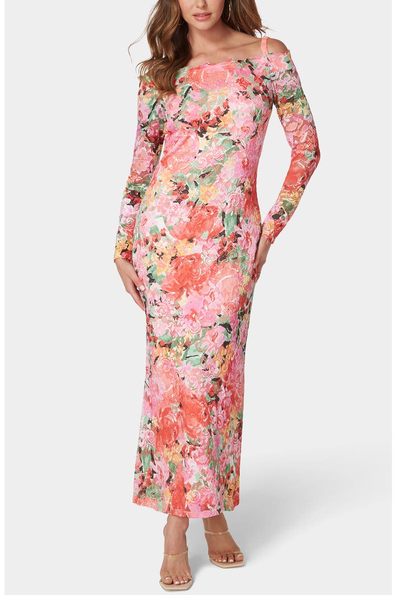 Print Lace Off the Shoulder Long Sleeve Maxi Dress, Main, color, PINK MULTI