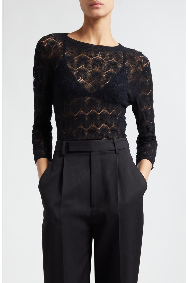 Long Sleeve Cotton Lace Top, Main, color, BLACK