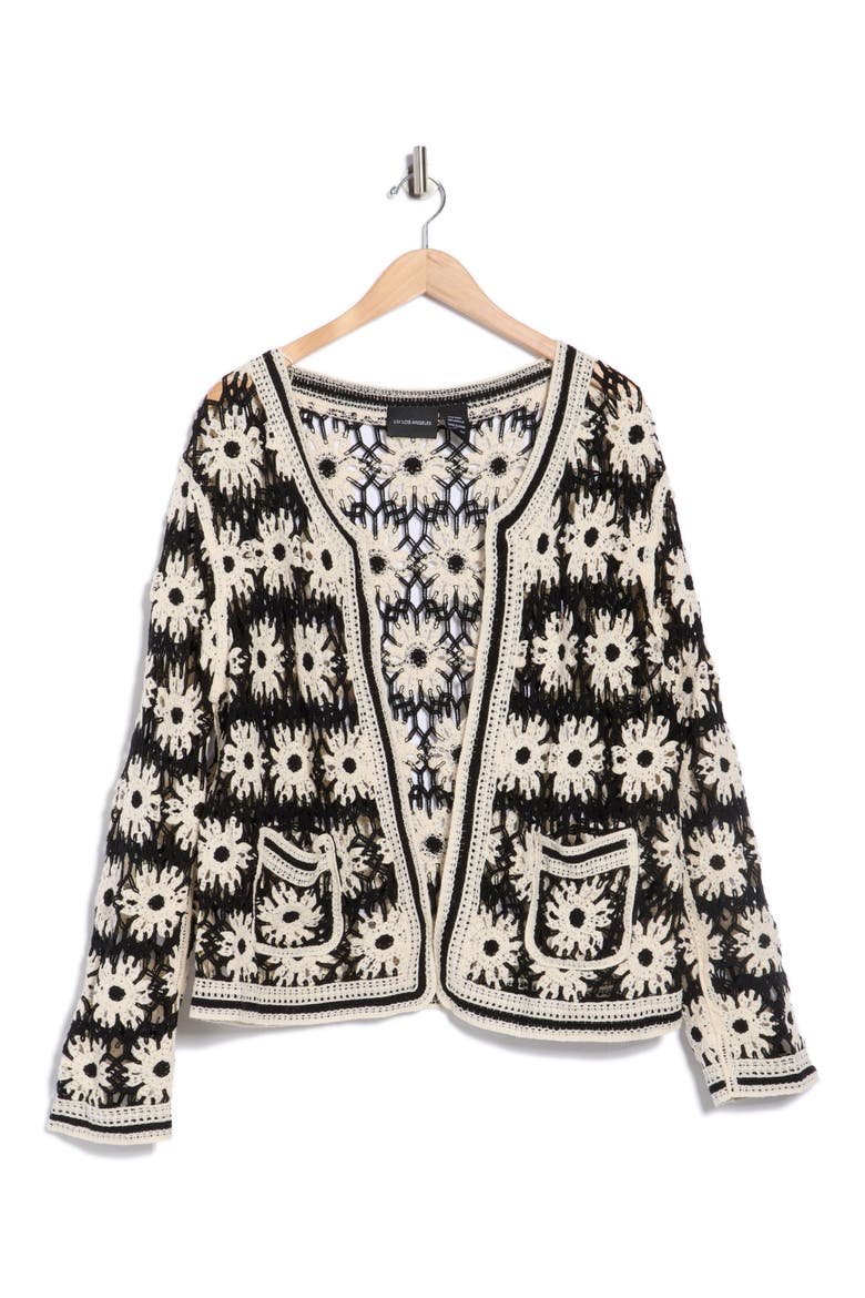 Floral Open Knit Cardigan, Alternate, color, BLACK/ NATURAL