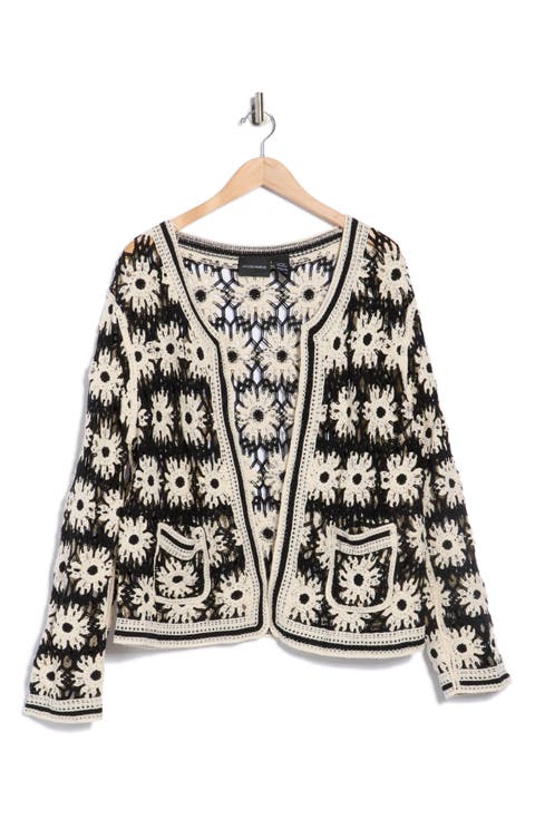 Floral Open Knit Cardigan (Plus)