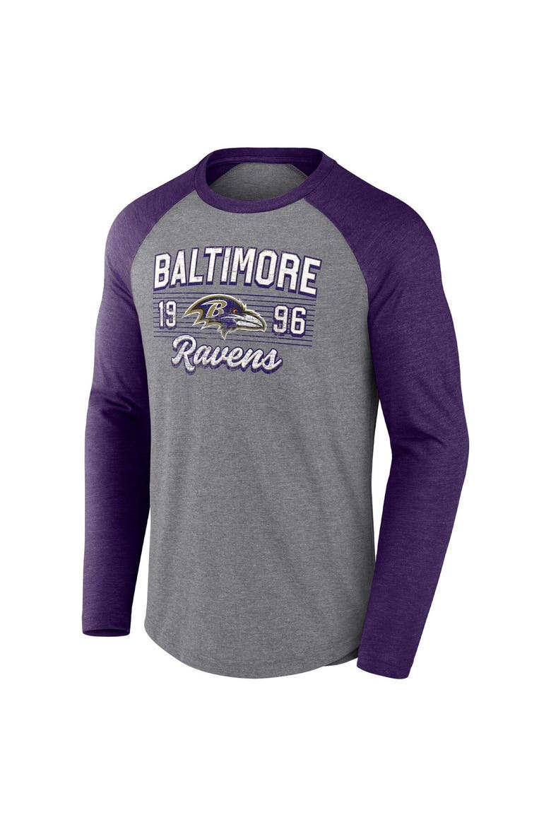 Men's Fanatics Branded Heathered Gray/Heathered Purple Baltimore Ravens Weekend Casual Raglan Long Sleeve T-Shirt, Alternate, color, Heather Gray