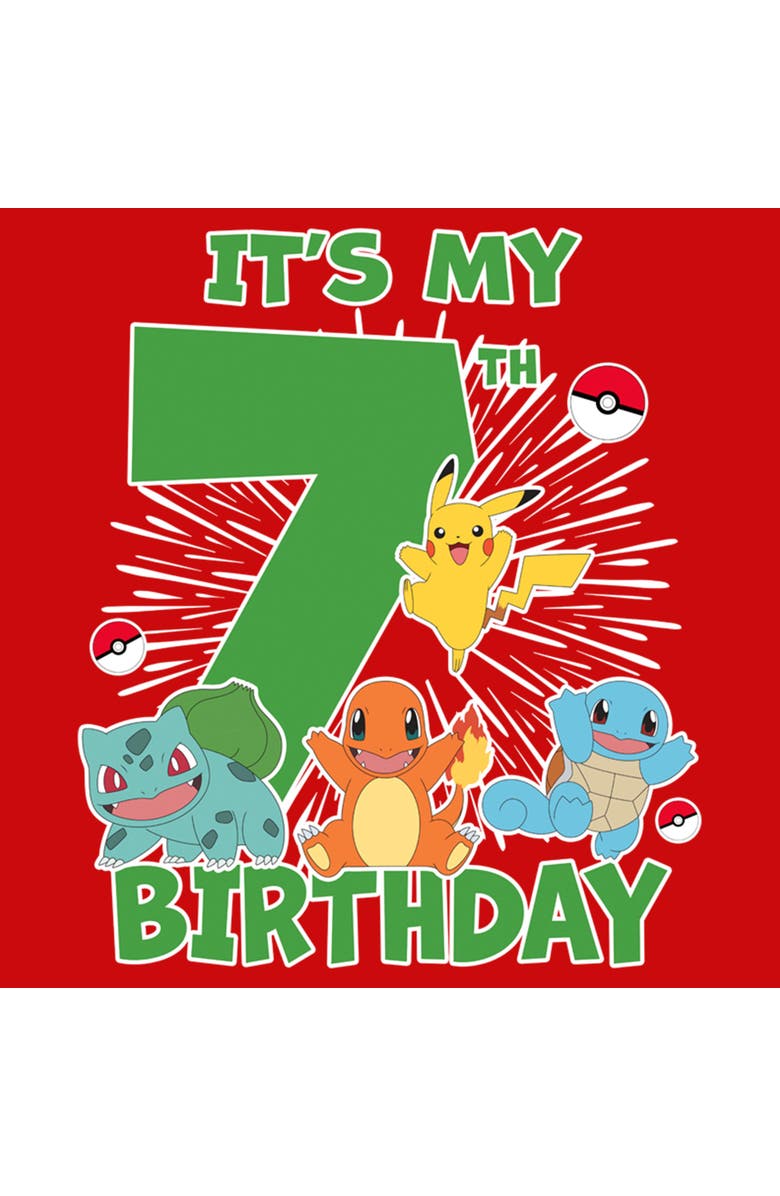 POKEMON Boy's Pokemon It's My 7th Birthday Starters Graphic T-Shirt, Alternate, color, Red