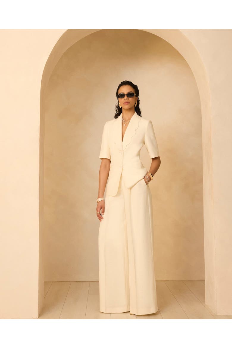 Scallop Front Short Sleeve Blazer, Alternate, color, Cream