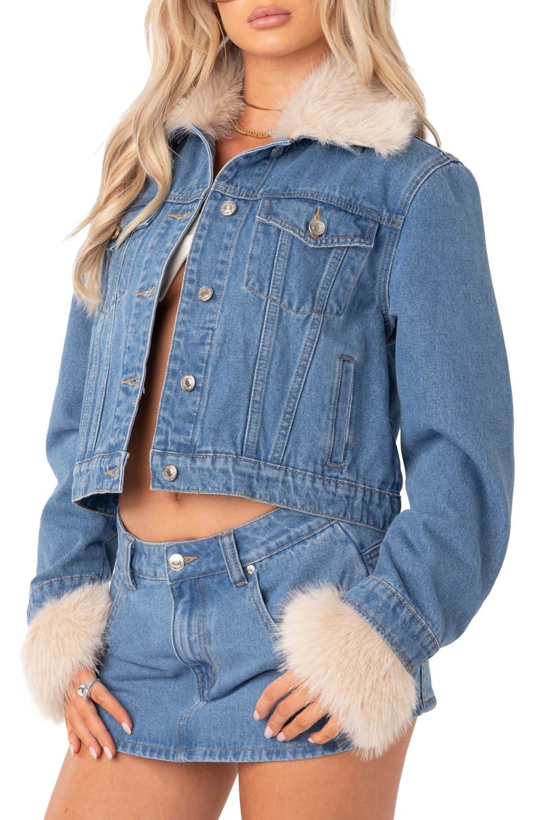 EDIKTED Drew Faux Fur Trim Denim Jacket, Alternate, color, 