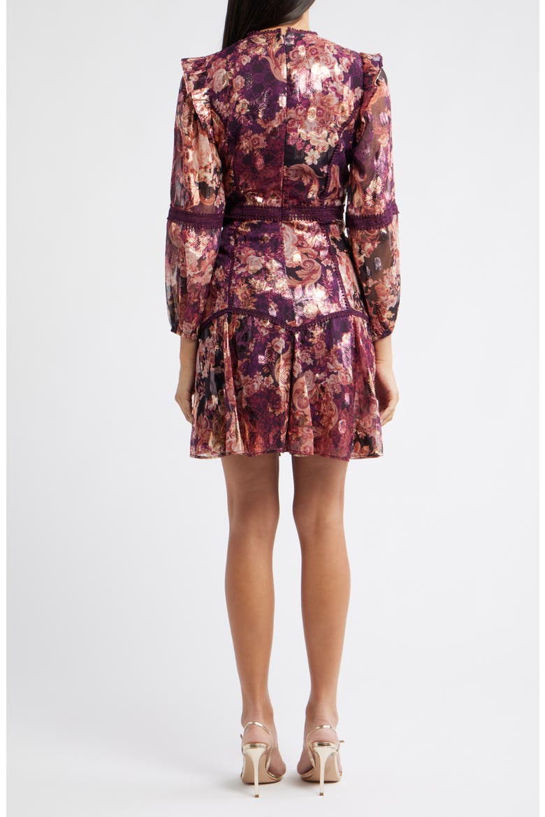 Lace Trim Long Sleeve Trapeze Dress, Alternate, color, WINE MULTI